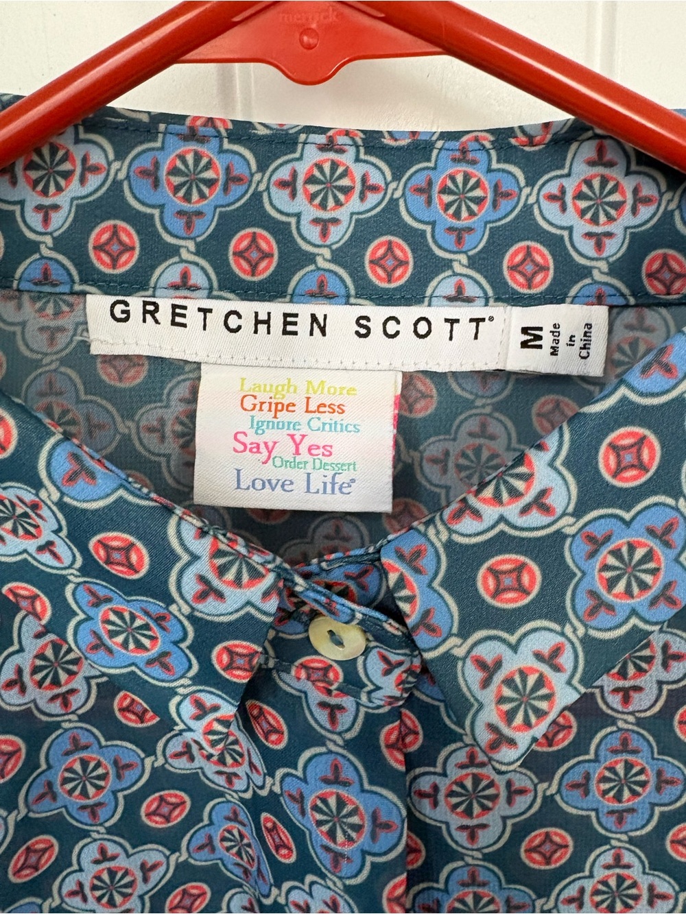 Gretchen Scott Designs Blue and Pink Geometric Ruffle Sleeve Blouse